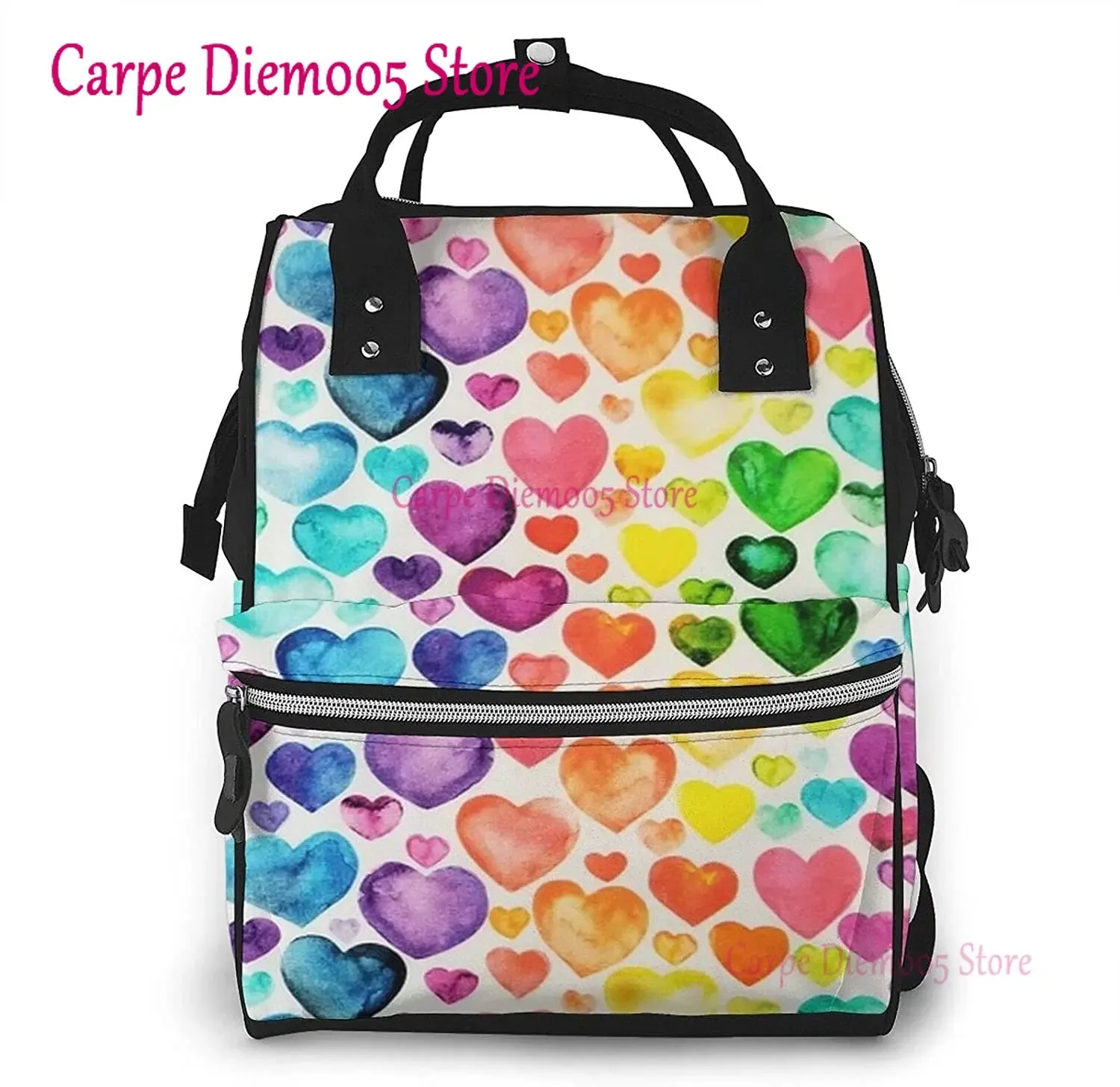 

Rainbow Hearts Printed Mummy Backpack Diaper Bag Multi-Function Maternity Nappy Bags, Kid Bag with Laptop Pocket,Stroller Straps