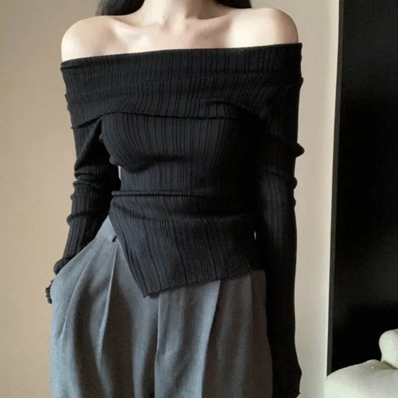 Women's Pullover Autumn Split Irregular Off Shoulder Top Black Long Sleeve Underlay Knitted Sweater For Women