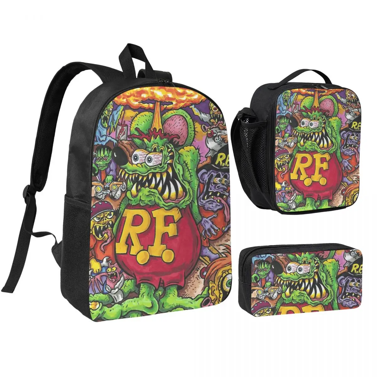 

Rat Fink Backpack Student BookBag School Bag Shoulder Bags 3ps Insulated Lunch Bag Pencil Case