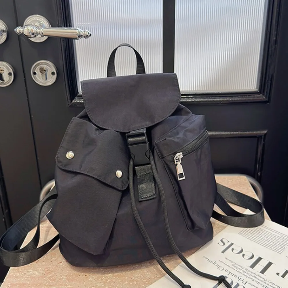 Fashion Preppy Flap Backpack Solid Color Muti Pocket Workwear Style Backpack Soft Leisure School Bag Unisex