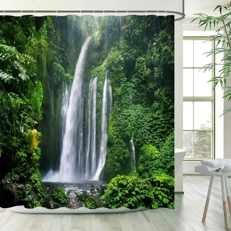 Spring Forest Landscape Shower Curtain Tropical Jungle Plants Waterfall Nature Scenery Curtains Garden Bathroom Decor with Hooks