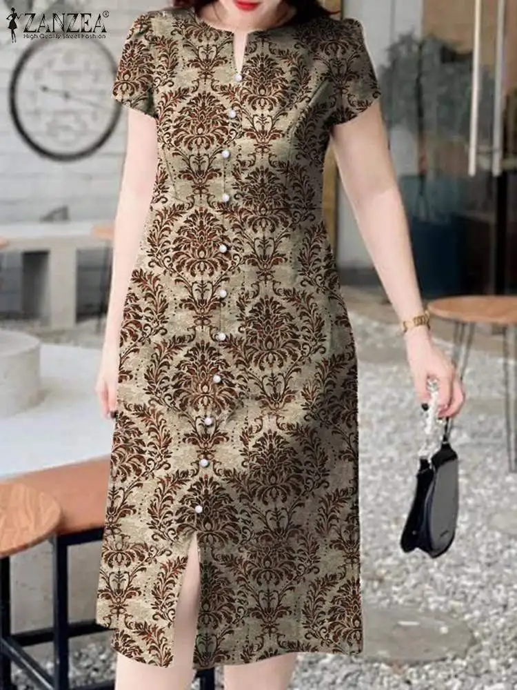 

ZANZEA Holiday Stitching Split Short Sleeve Robe Women Vintage Flower Print Vestidos 2024 Summer Bohemian Dress Buttons Sundress