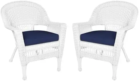 Wicker Chair with Blue Cushion, Set of 2, White/W00206-