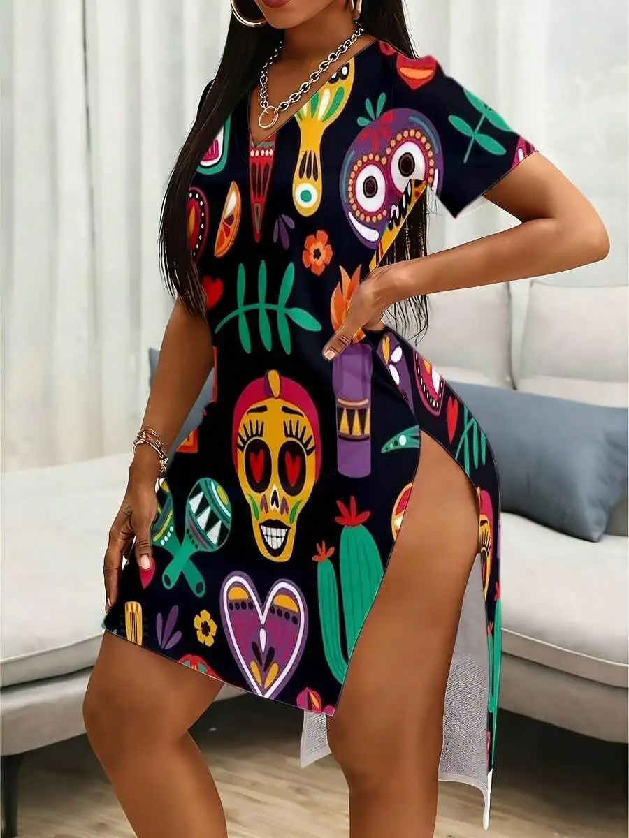 

Colorful Sugar Skull Print V Neck Short Sleeve Boho Dress With Cactus Maracas Pattern Casual Summer Midi Dress