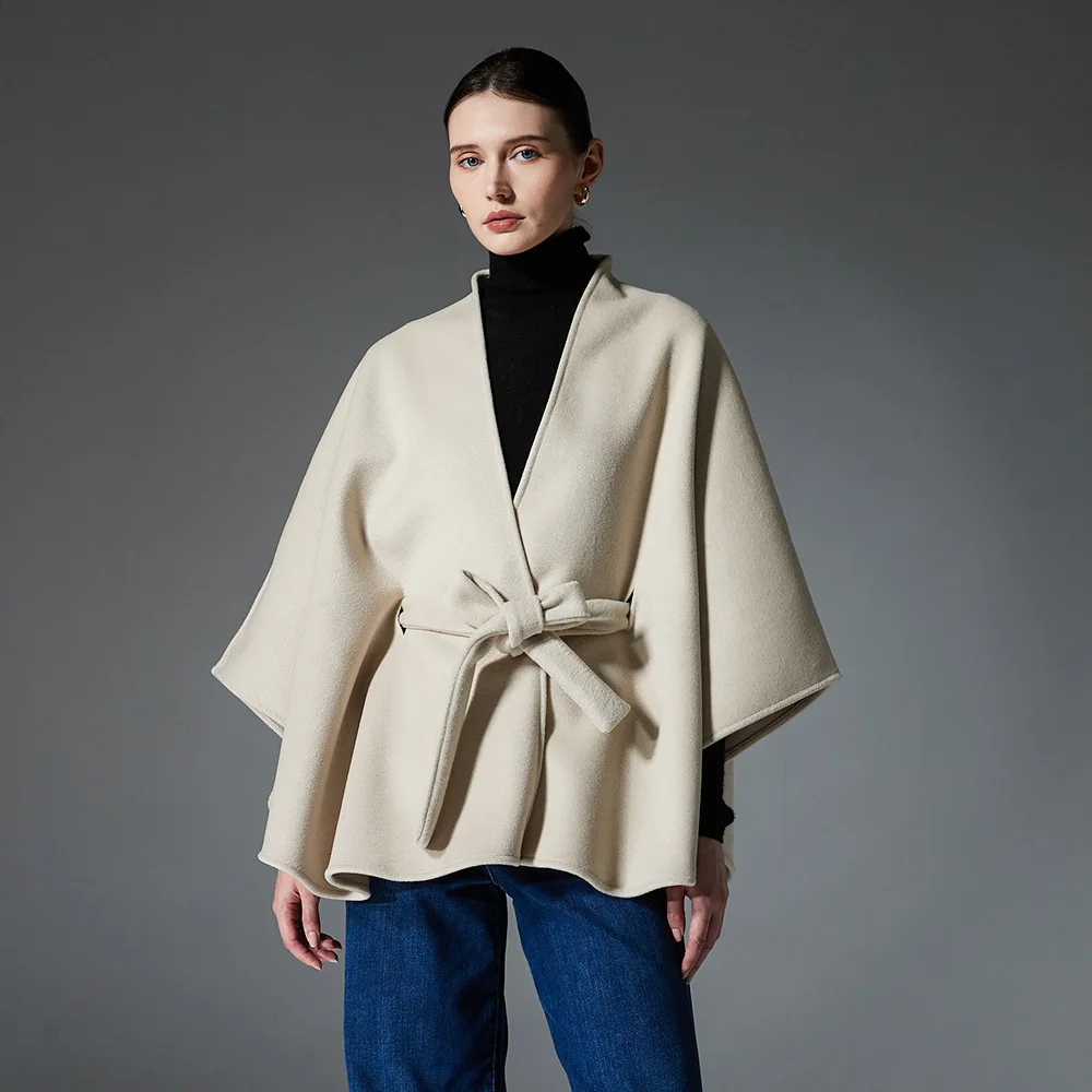 

Stylish Designer Double Sides Woolen Cape Coat Women Autumn Winter Belt Loose Slim Surcoat Cloak Elegant Outerwear Versatile