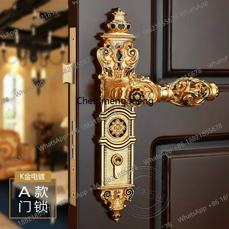 All copper Hollow out  mute  indoor wooden room door handle lock European luxury style villa lock