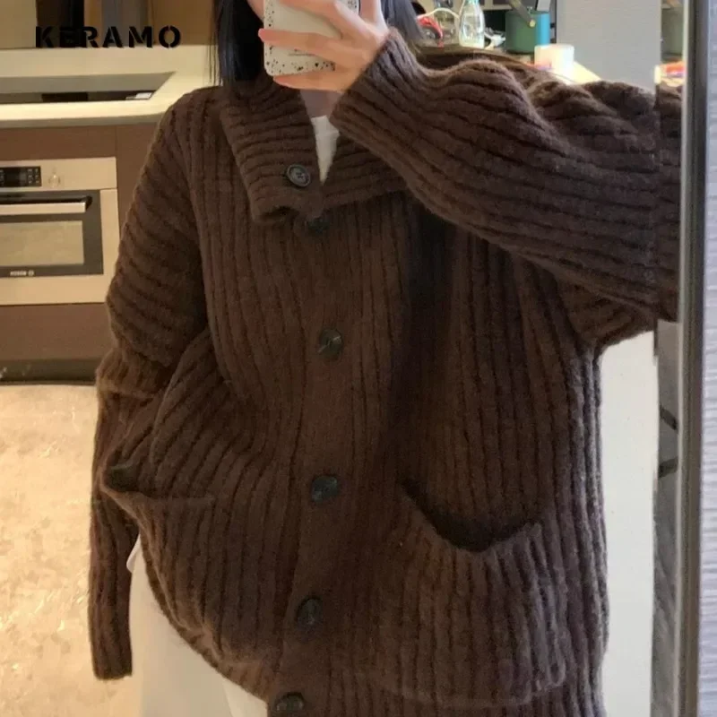 2024 Autumn Winter Women Casual Knitting Long Sleeve Grey Cardigans Fashion Vintage Solid Color Single Breasted Warm Sweater