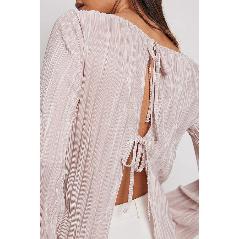 New Women's Chiffon Long Sleeved Folded Shirt Sexy Slim Fit Flared Sleeves Back Straps Leisure Women's Clothing tops Autumn 2024