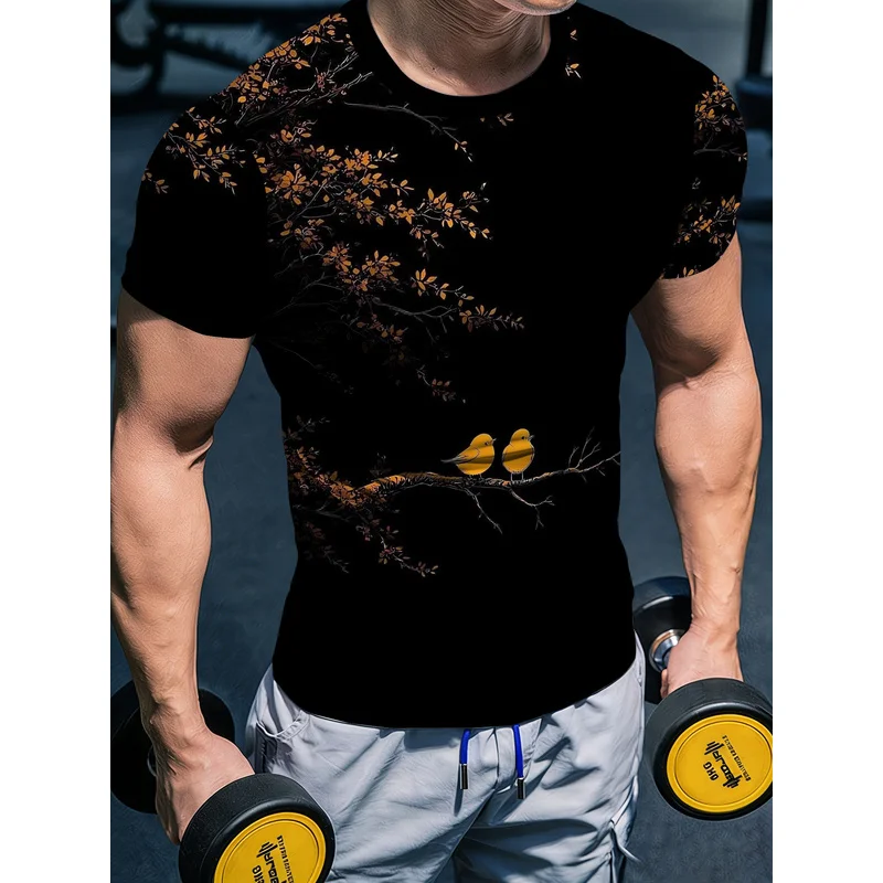 Men's round-neck fitness T-shirt with floral and bird art printTHigh-elasticity slim-fit athletic apparel