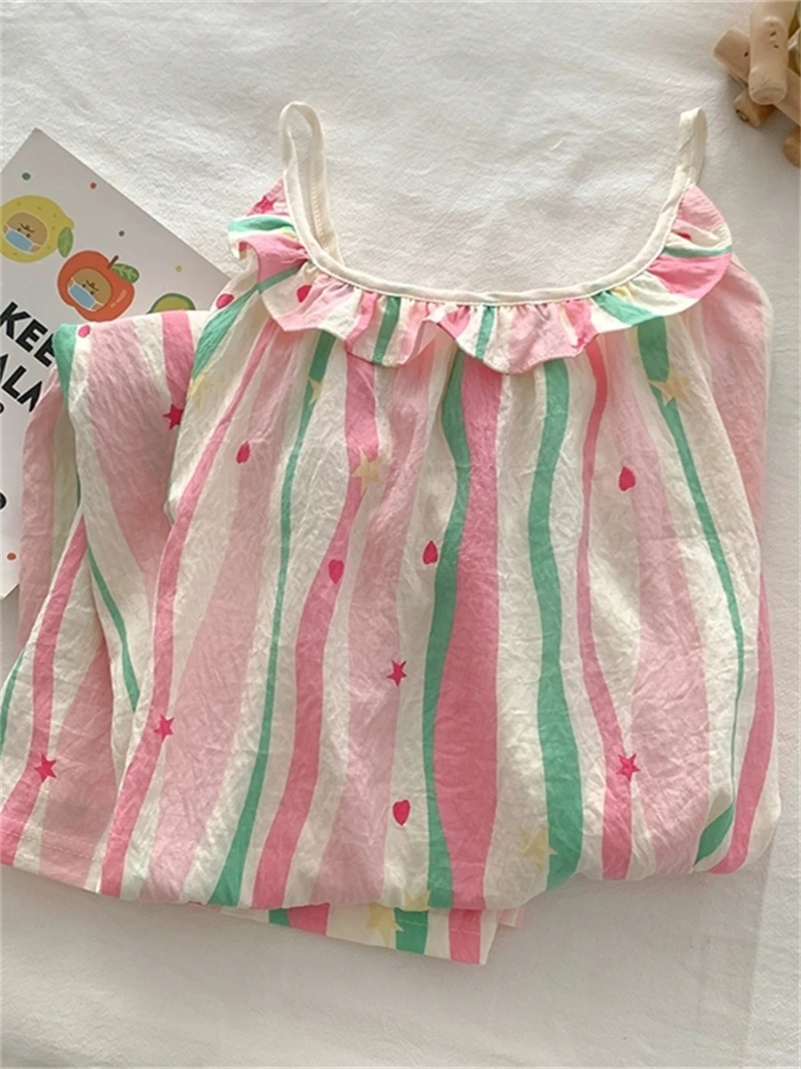 

5017 Dopamine Pink Striped Suspender Nightgown Women's Summer Thin Pajama Dress Sweet and Cute Home Clothes