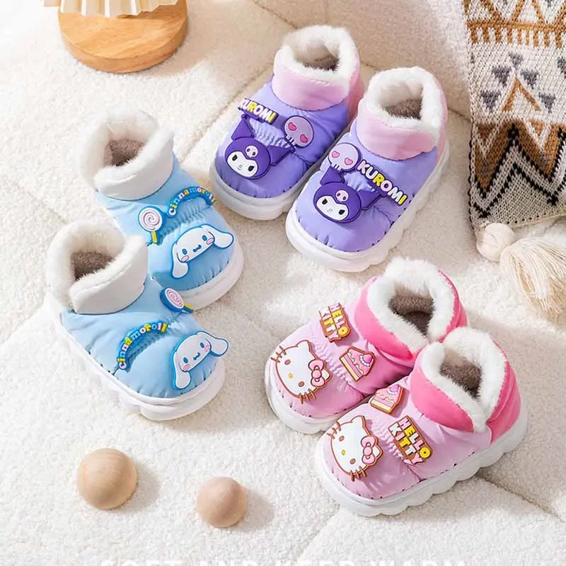 Sanrio Kid's Winter Cute Cartoon Hellow Kitty Kuromi With Plush Warm Cotton Snow Boots Children Thick Sole Non Slip Cotton Shoes