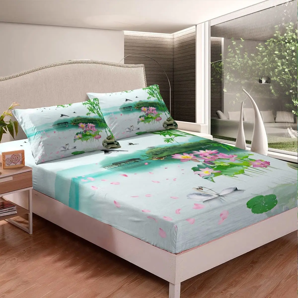 Lotus Fitted Sheet,Natural Floral Plant Bedding Set for Kids Boys Room,Pink Green Lake Scenery Decorative Soft Fashion Bed Sheet