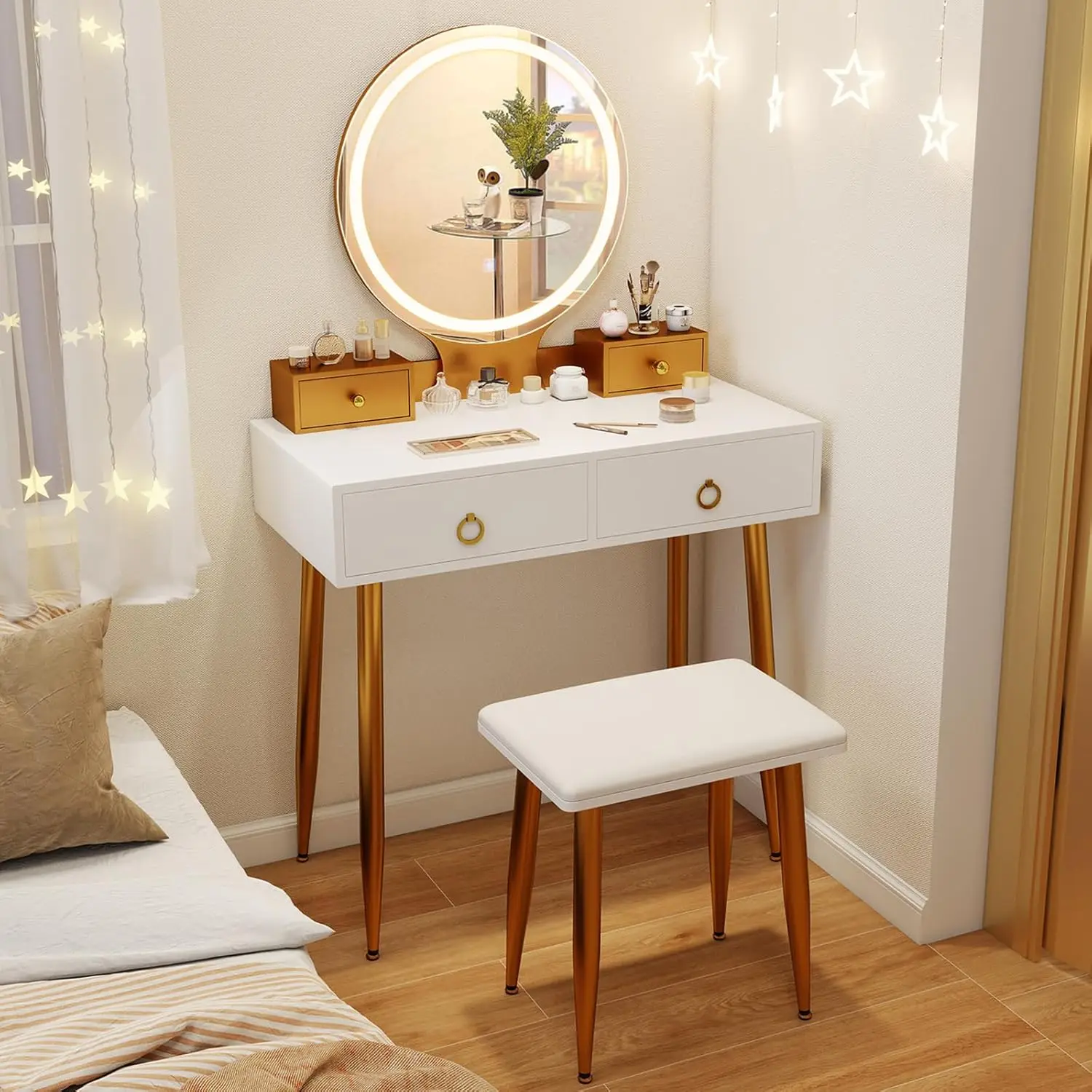 Vanity Desk with Mirror and Lights, Makeup Vanity Desk with 4 Storage Drawers, 3 Lighting Modes, Adjustable Brightness