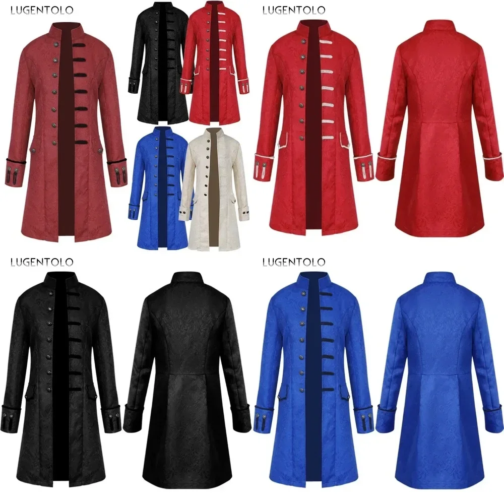 

Men Trench Coat Retro Single Breasted Gothic Stand Collar Renaissance Jacquard Outerwear Halloween Costume