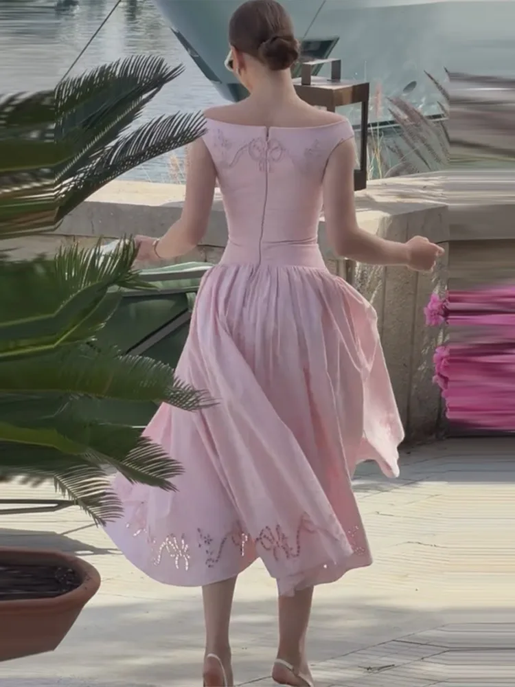 Schulterfreies, besticktes, tailliertes langes Kleid für Damen – Luxuriöses, weit ausgestelltes, schmales Party- und Abendkleid – Elegantes Damen-Vestido Longos – Detail 22