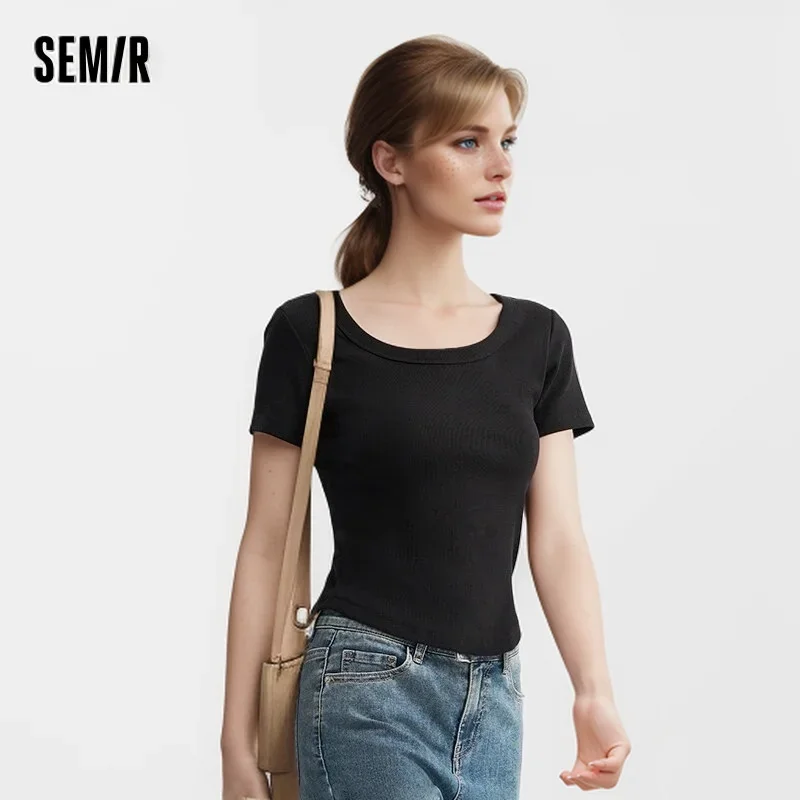 Semir Short-Sleeved T-Shirt For Women Short And Versatile Solid Color New In 2024 Summer Slim Fit With A Large Round Neck Top