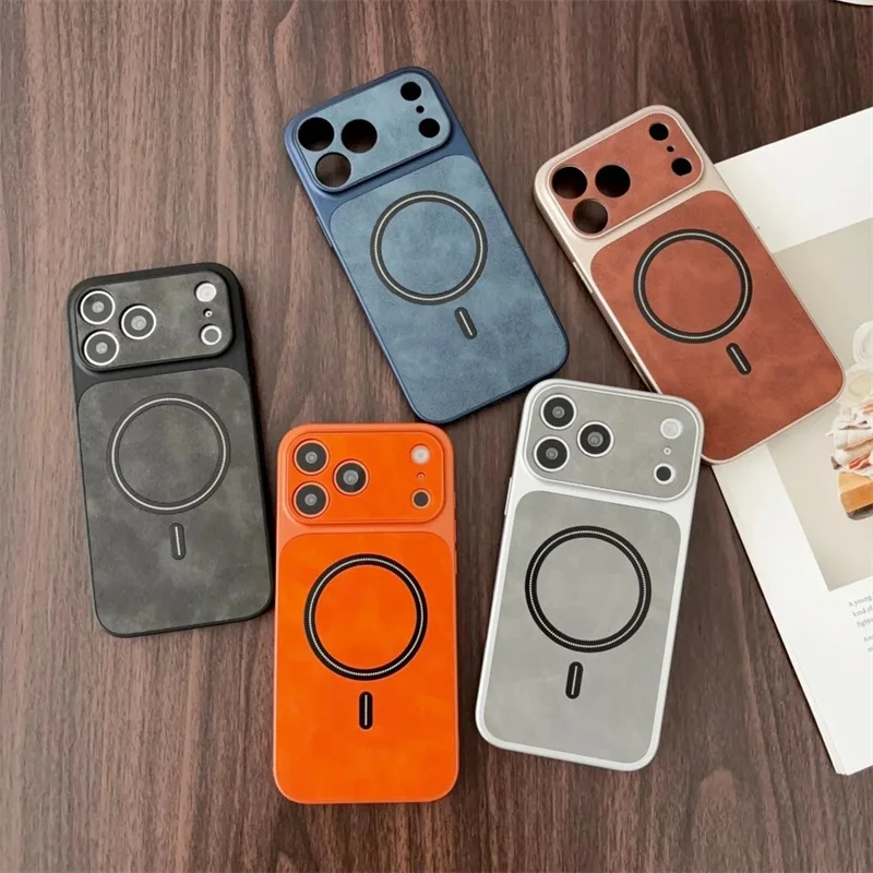 Minimalistische Luxus-Lammleder-Hülle für iPhone 17 16 15 14 13 Pro Max Magnetische Graue Kunstleder-Schutzhülle mit Soft-Touch-Oberfläche