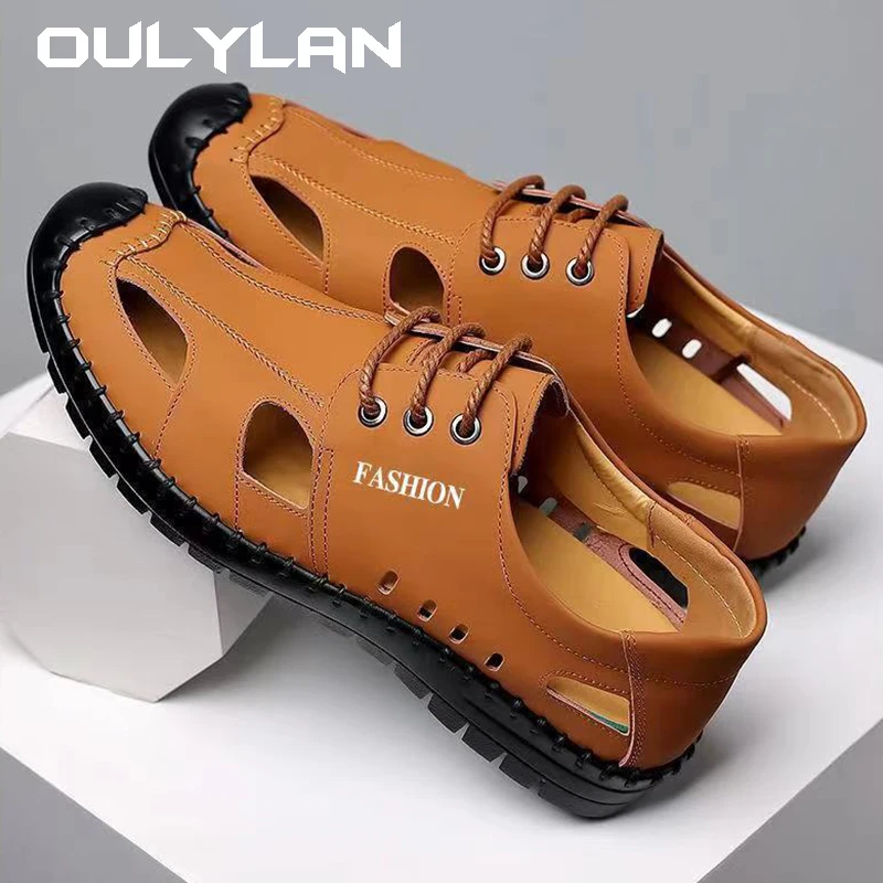 Oulylan Men Leather Sandals Summer Breathable Casual Shoes for Man Slip on Hollow Clogs Outdoor Non Slip Hand Made Sandalias