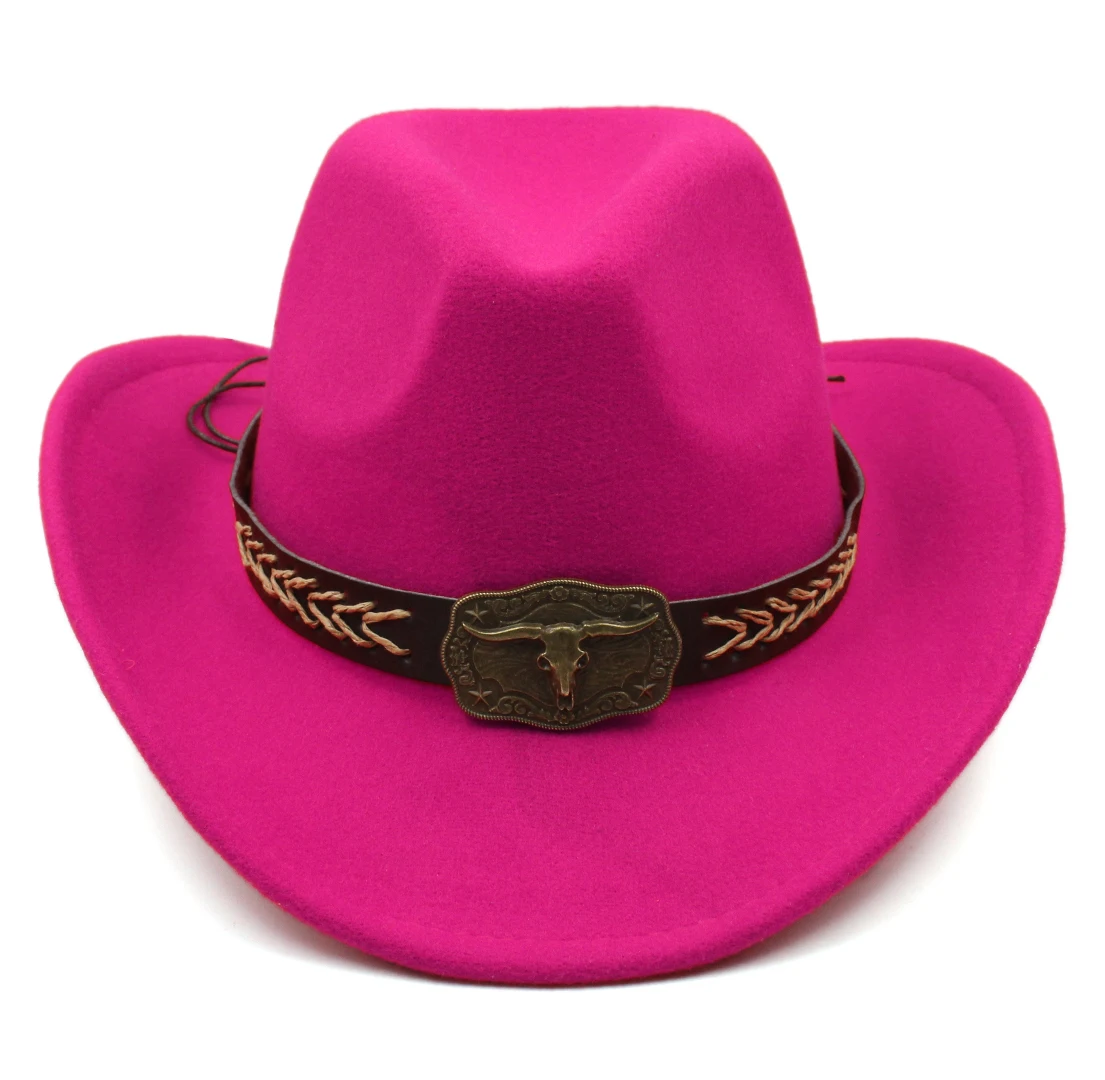 

Western Style Cowboy Hat Cowgirl Cap Fedora Hats with Bull Bead Buckle Wide Belt for Women Men