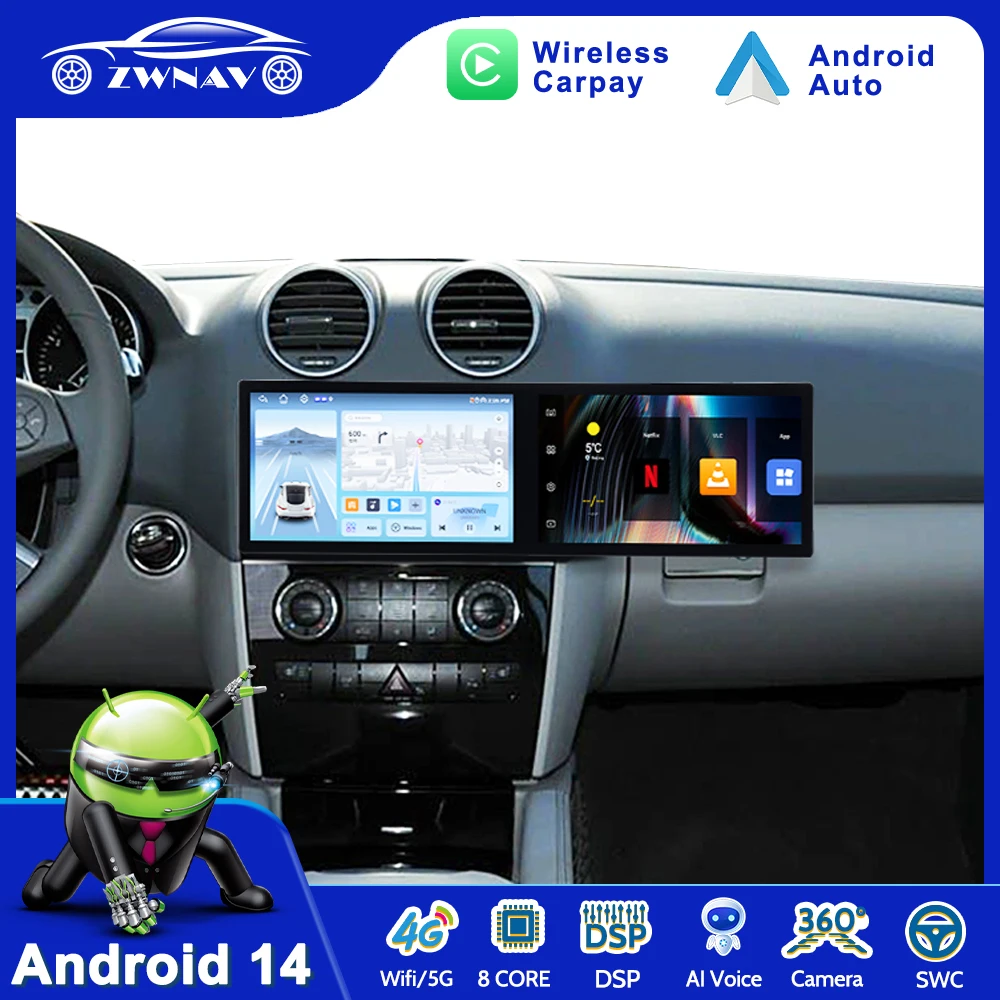 

Двойной 11,5-дюймовый экран Qualcomm Android 14.0, автомобильное мультимедийное автомобильное радио для Mercedes Benz ML 2006 2007-2012 GPS Navi, головное устройство