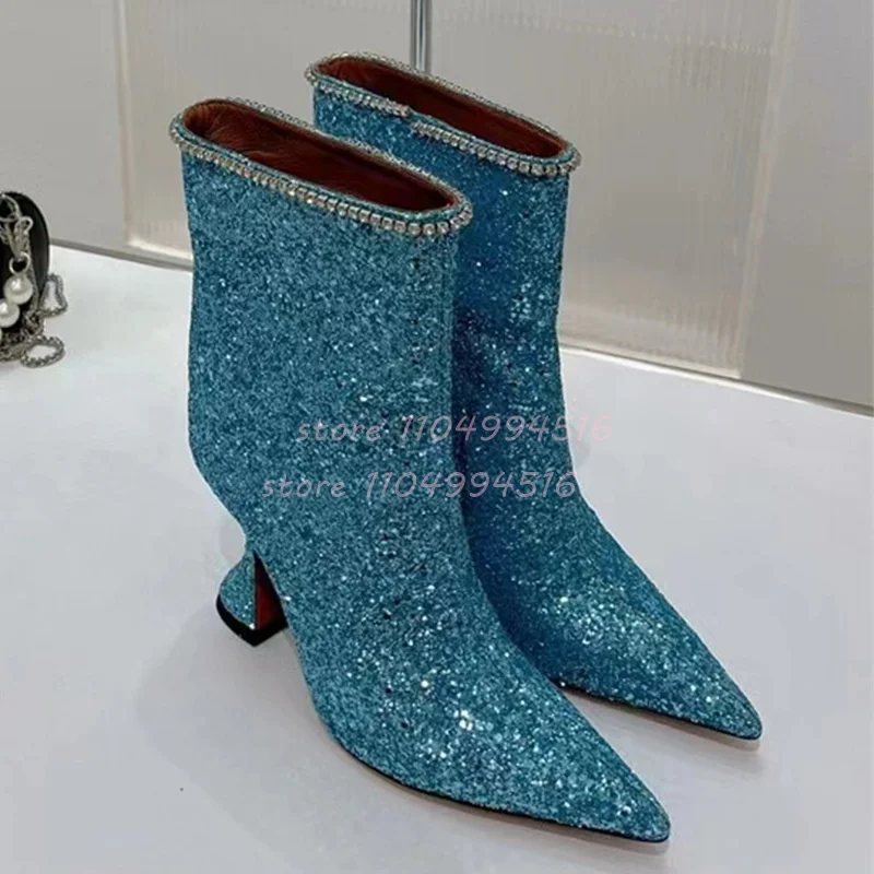 Blue Glitter Crystal Wine Glass Heel Ankle Boots Women Slip On Thin High Heel Short Boots Fashion Trendy Party Catwalk Lady Shoe