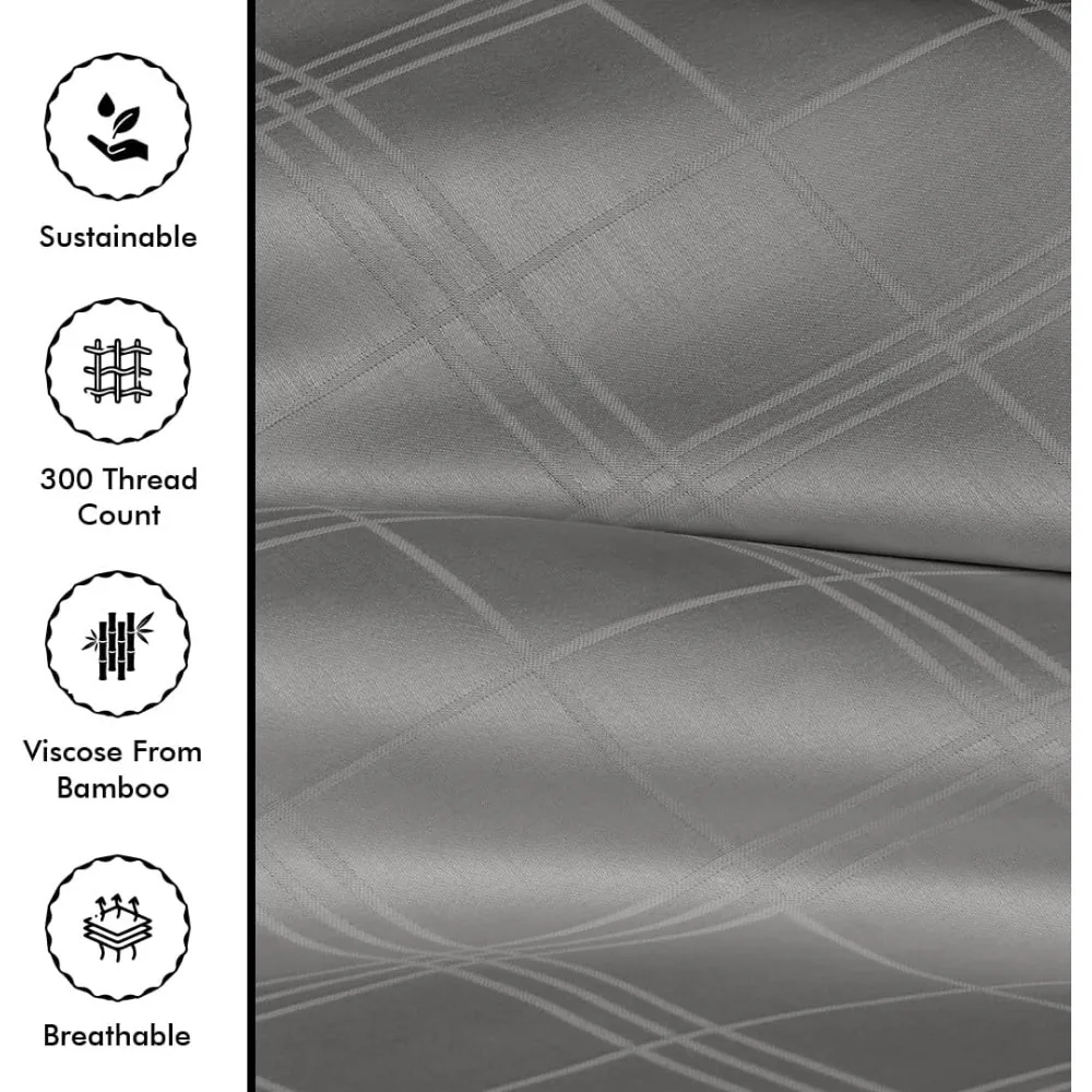 California King Duvet Cover Set, Bamboo Rayon, 108x96, Checkered, Zipper, Corner Ties, Blue