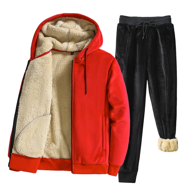 

Mens Tracksuit Hooded Jacket + Pants Set Two Pieces Set Men Winter Wool Fleece Parka Sets Men Warm Tracksuits Winter Thick Lamb