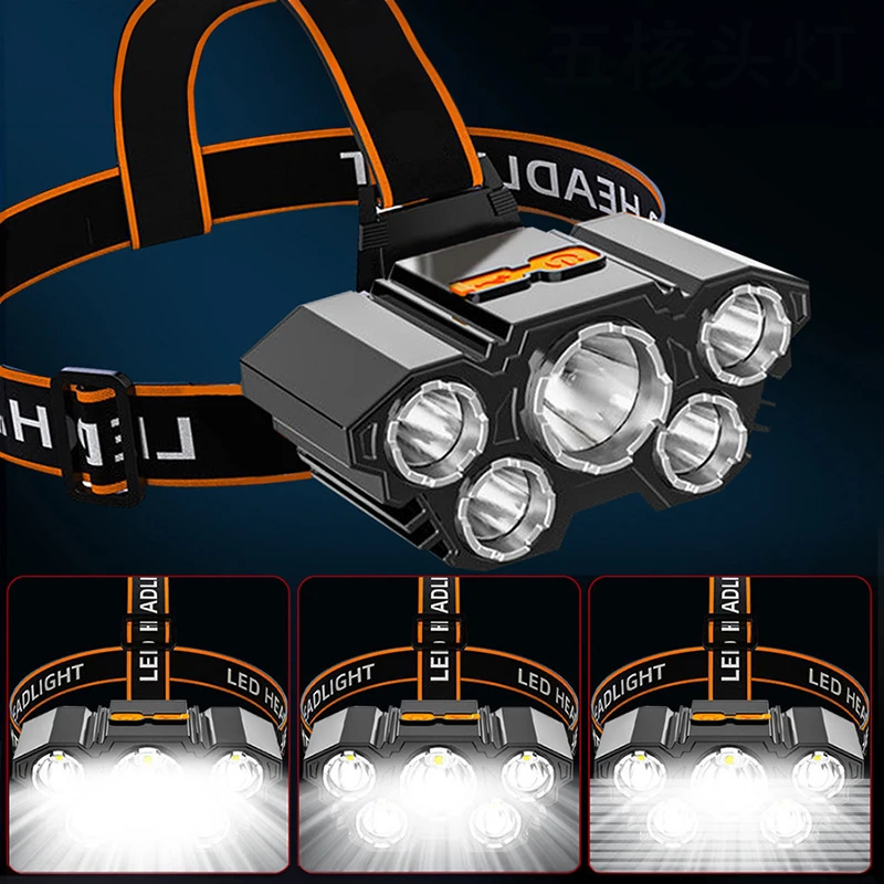 Super Bright 5 LED Head Flashlight USB Rechargeable HeadLamp Outdoor Powerful Waterproof Camping Fishing Adventure Head Lantern