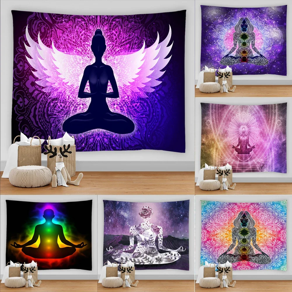 Indian Buddha Statue Meditation 7 Chakra Tapestry Wall Hanging Mandala Tapestries Wall Cloth Psychedelic Yoga Carpet Boho Decor