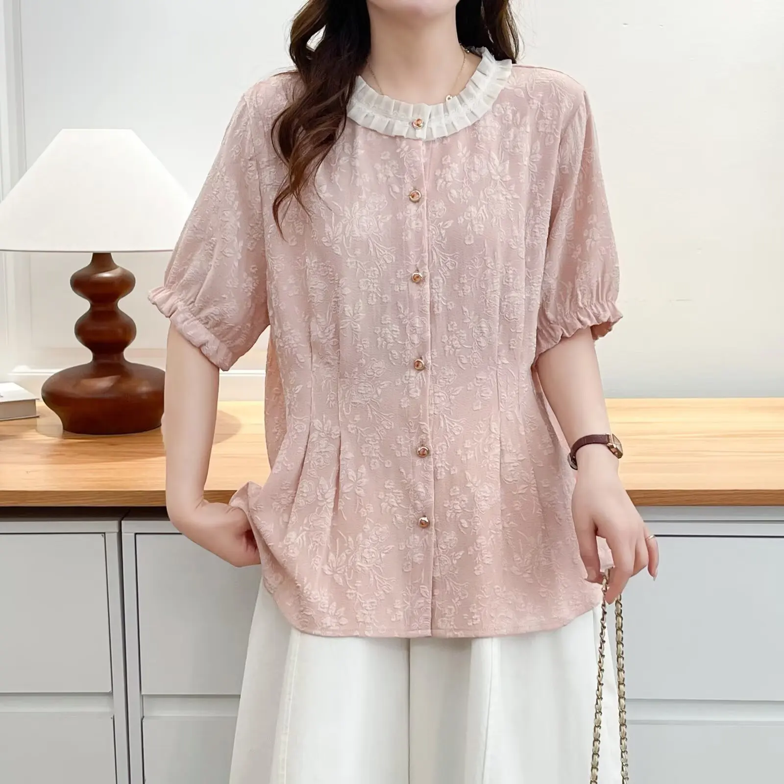 2026 Summer Plus Size Jacquard Cardigan Shirt Short Sleeve Ruffle Waist Slim Fit Tops For Curvy Women #1219 view 2