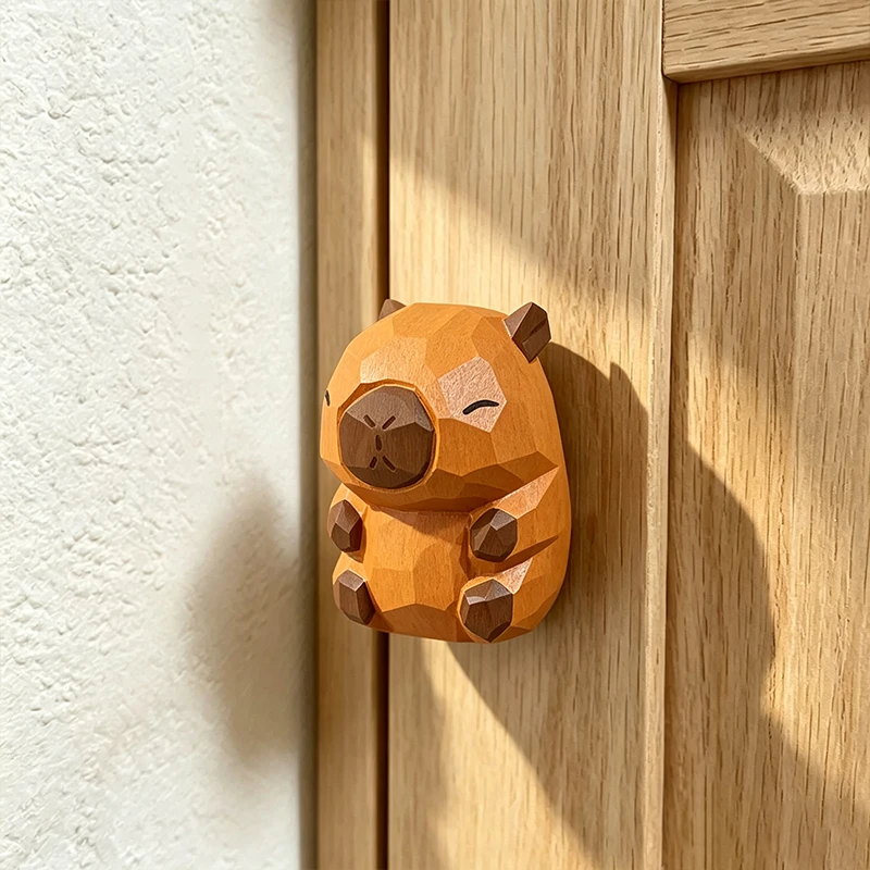 2Pcs Wooden capybara shaped cabinet knobs, hand-carved small cabinet handles with brass bases 5