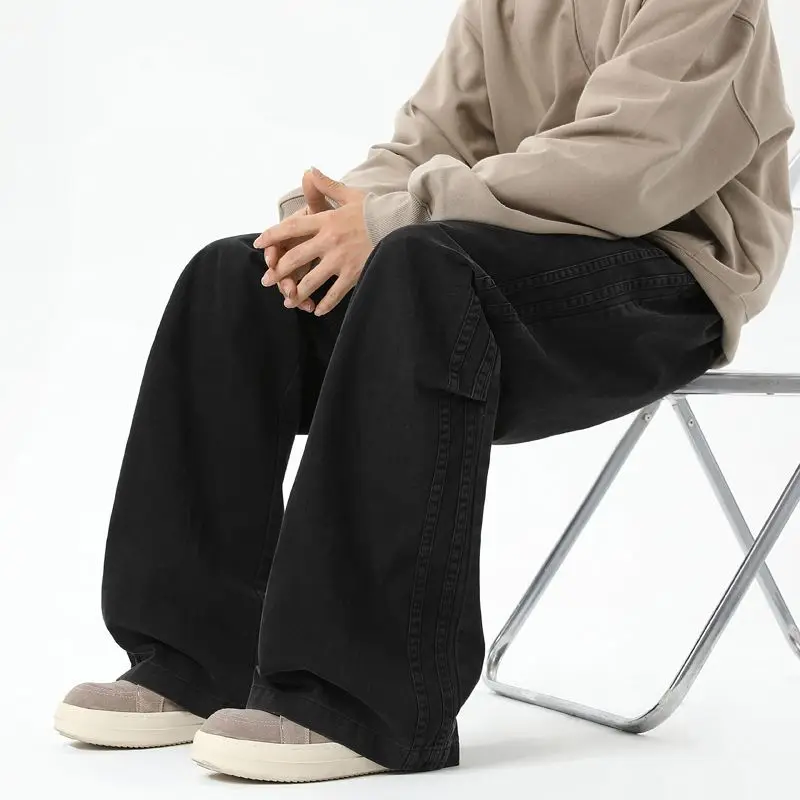 Pleated Washed Spring and Autumn Boys American High Street Loose Tooling Drawstring Straight Wide Leg Casual Trousers