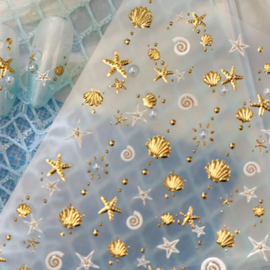 5D 3D Ocean Nails Stickers Gold Shell Star Self-Adhesive Nail 3D Decorations Decals Summer Beach Style DIY Nail Art Accessories