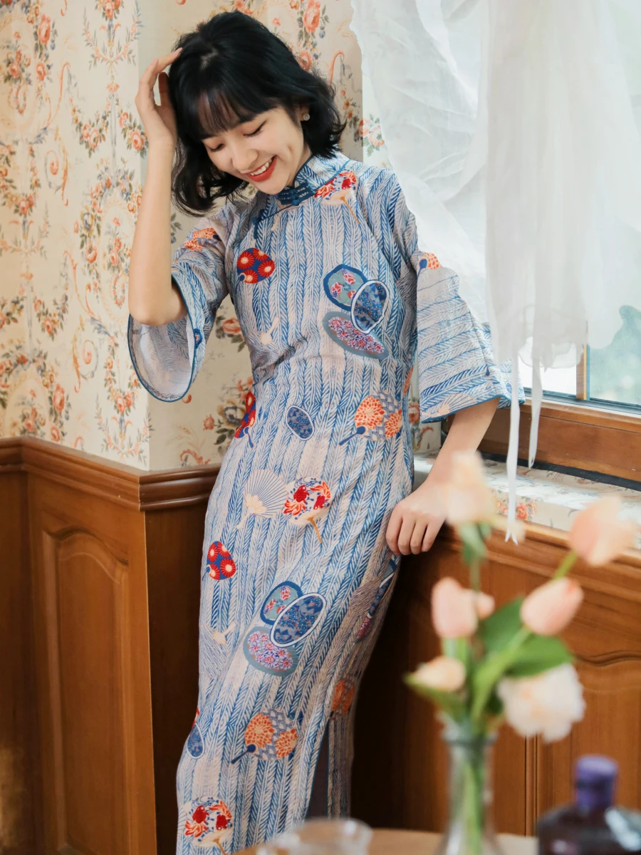 

Spring Summer Six-Point Sve Midi Qipao Cotton Vintage Daily Floral Print Fan like Moon Traditional Chinese Costume
