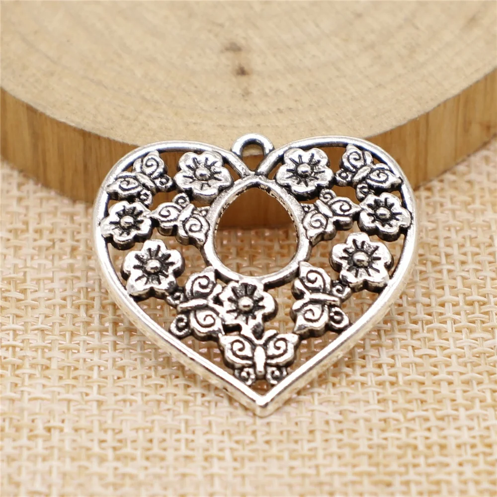 WYSIWYG 4pcs Charms Heart Flower 30x30mm Antique Making Pendant Vintage Tibetan Bronze Silver Color DIY Handmade Jewelry