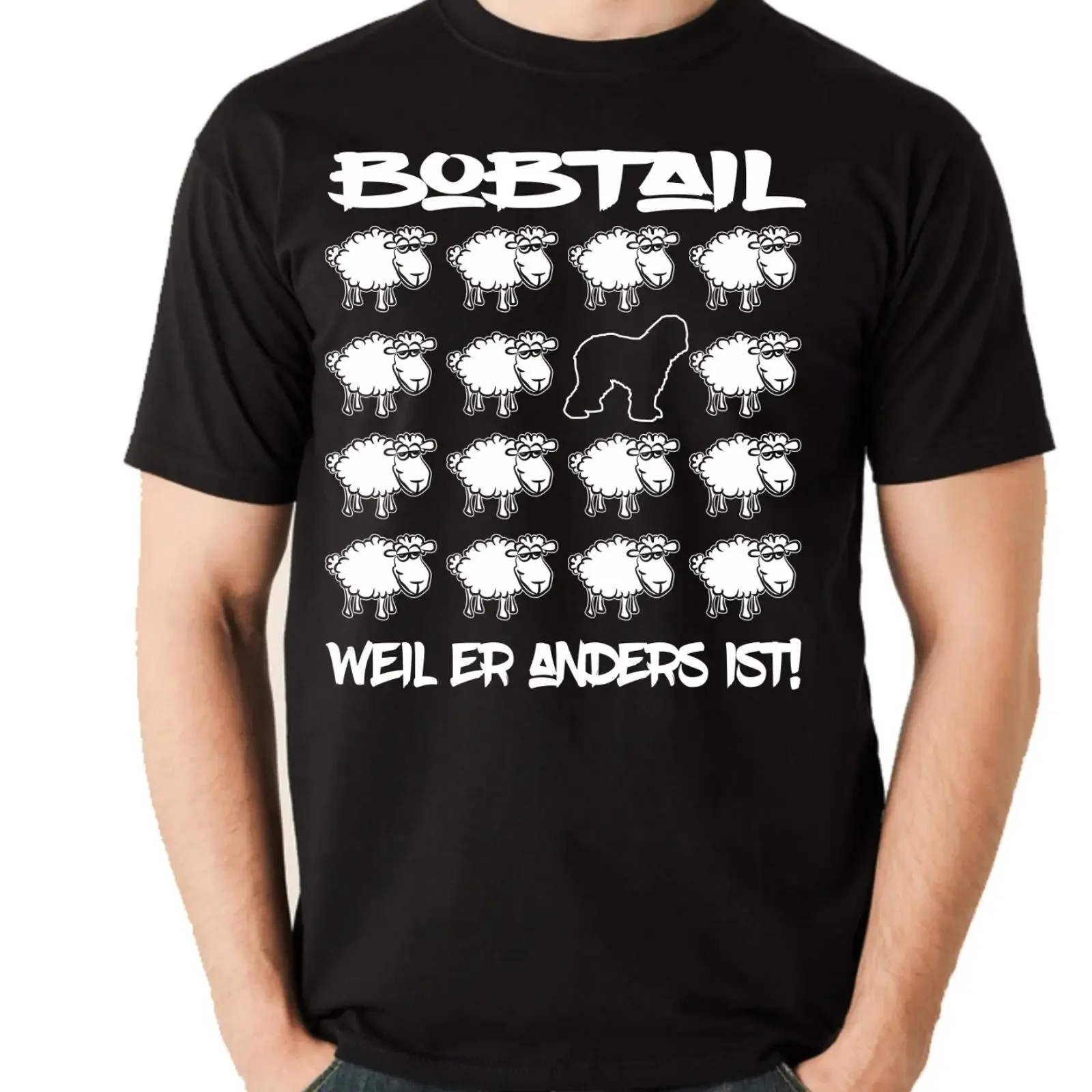 BLACK SHEEP BOBTAIL Old English Sheepdog Hunde Fun Men Hundemotiv Hombre Camiseta vintage Lavada Cómoda Streetwear