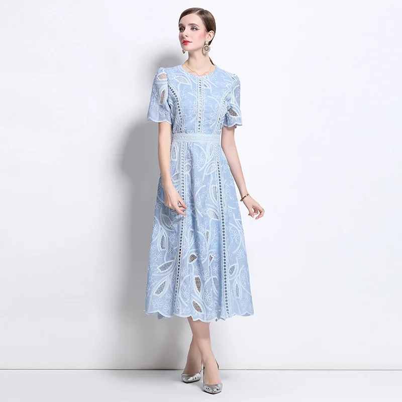 Summer Vintage Heavy Embroidery round Ne Waist Cinched ort Sve Dr Women Slimming Long Skirt Faionable Casual Dr