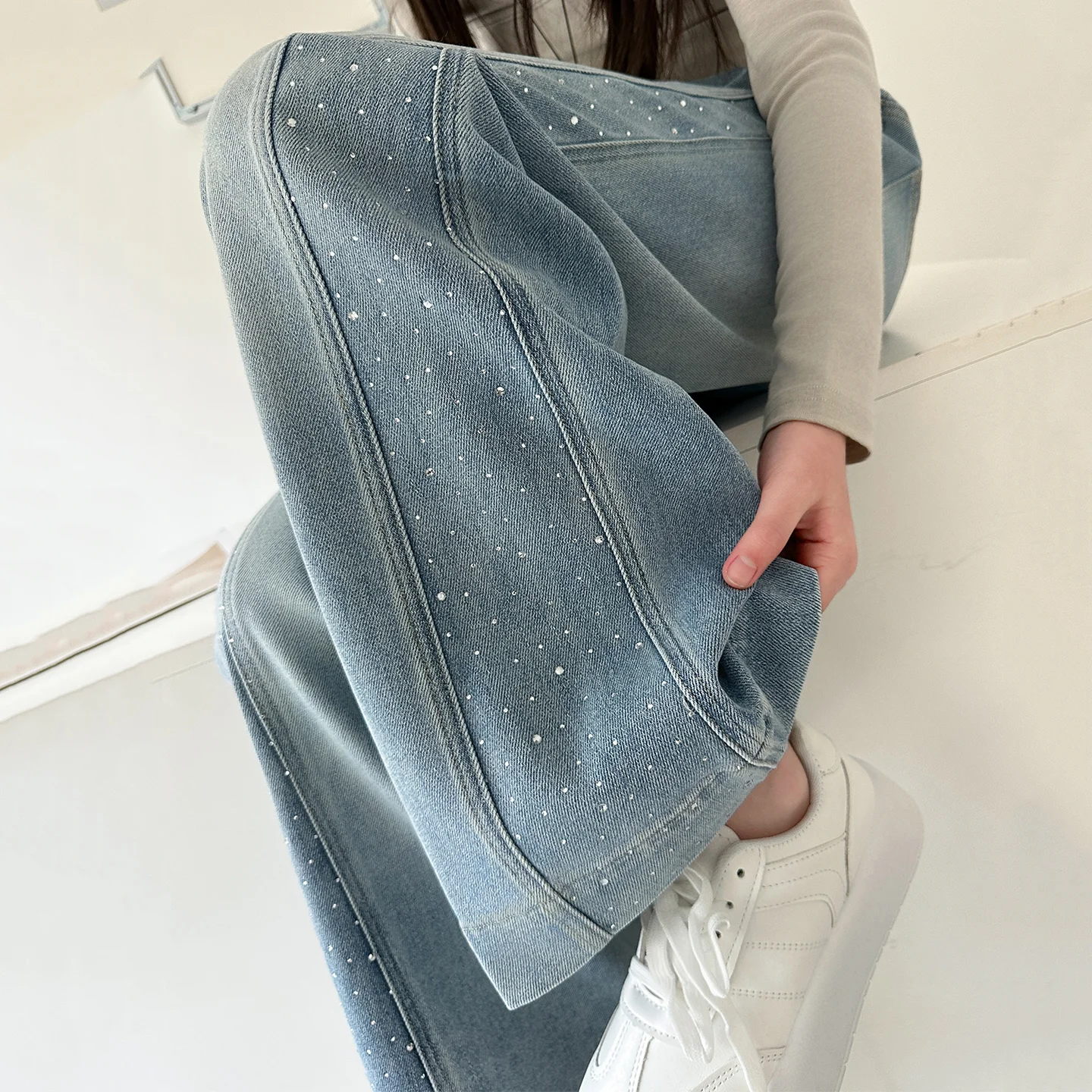 Teenage Girls Pants Fashion Spliced Design Floor Jeans Trousers Kids Wide-leg Denim Pants for 5 7 9 11 13 Years Children Bottoms