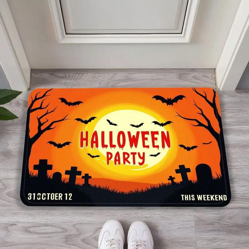 VIKAMA Retro Wood Grain Pumpkin Lantern String Halloween Entrance Mat Foyer Bathroom Entrance Home Decoration Welcome Carpet