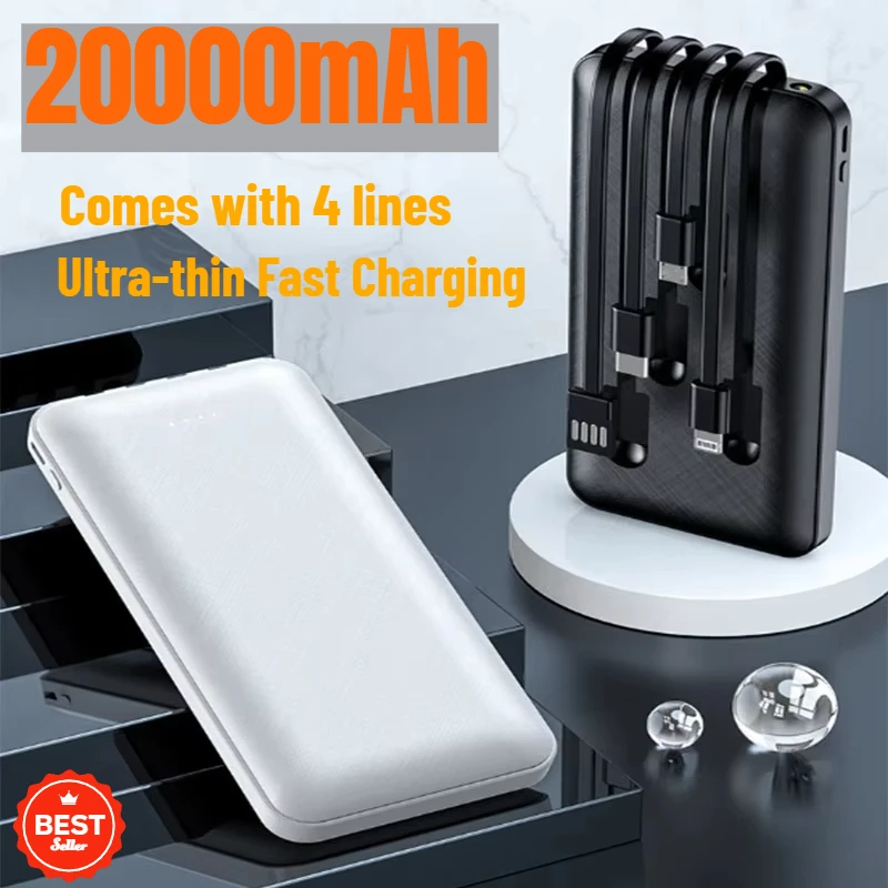 Ultra-thin Fast Charging 20000mAh Power Bank Mobile Power Supply with Four Wires for Apple Xiaomi Huawei OPPO Charging