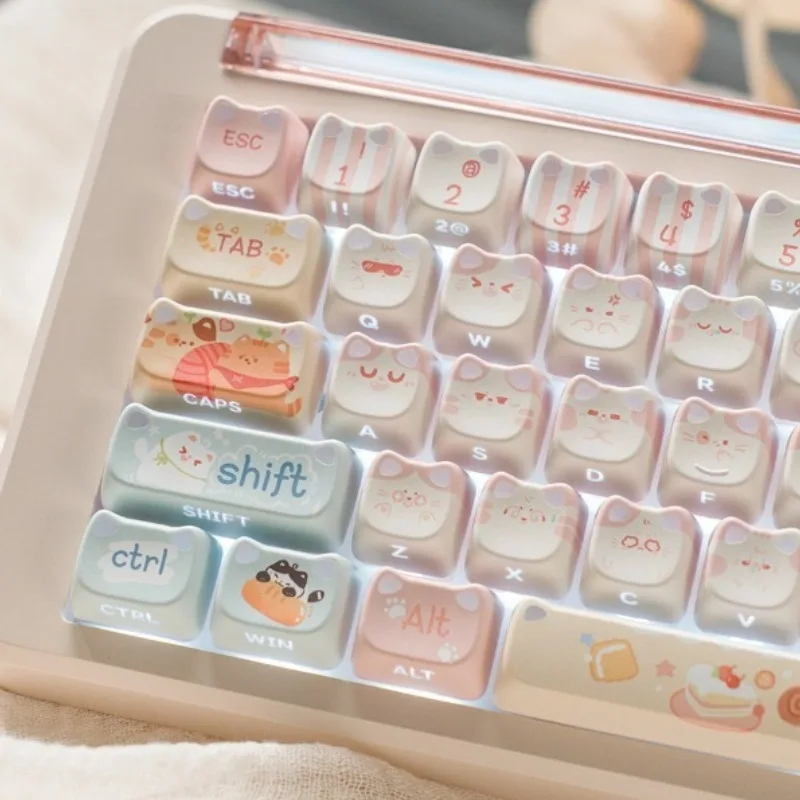 Cat Party Theme Keycaps Set Customized PBT Sublimation MAO Profile Keyboard Cap Side Carving Transparent Keyboard Accessories
