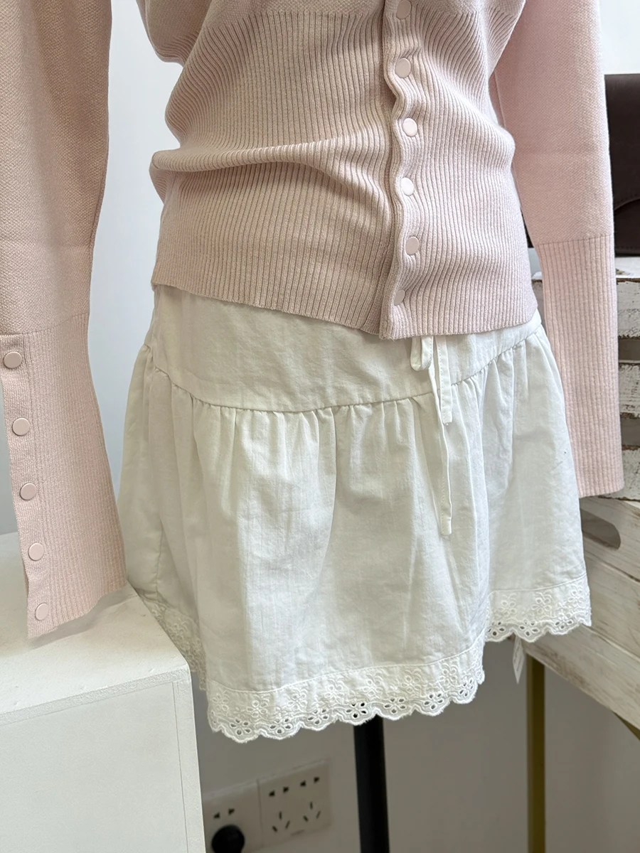 Lace Trim A-line Shirks Women New Cotton High Waist Elastic Ruffles Hem Sweet Mini Skirts Vintage Cute Streetwear Chic Falda view 2