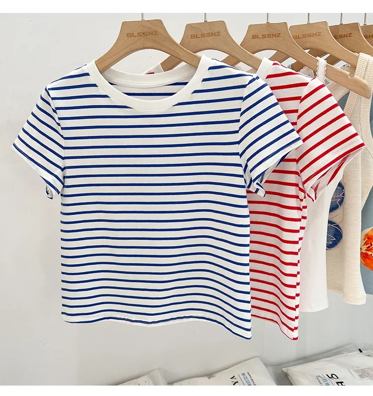 Gestreiftes Kurzarm-Damen-T-Shirt 2026 Sommer Neuheit Baumwolle Lässig Vielseitig Schlanke Passform Modische Oberteile Farbblock-Shirt – Detail 4