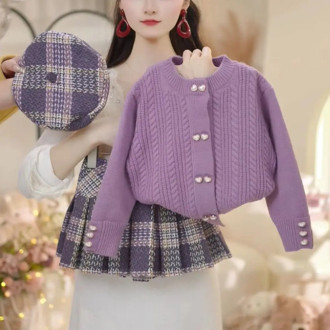 

Spring and Autumn Girls Clothes Set Fashion New Children's Cardigan Sweater+Pleated Skirt Two-piece Set