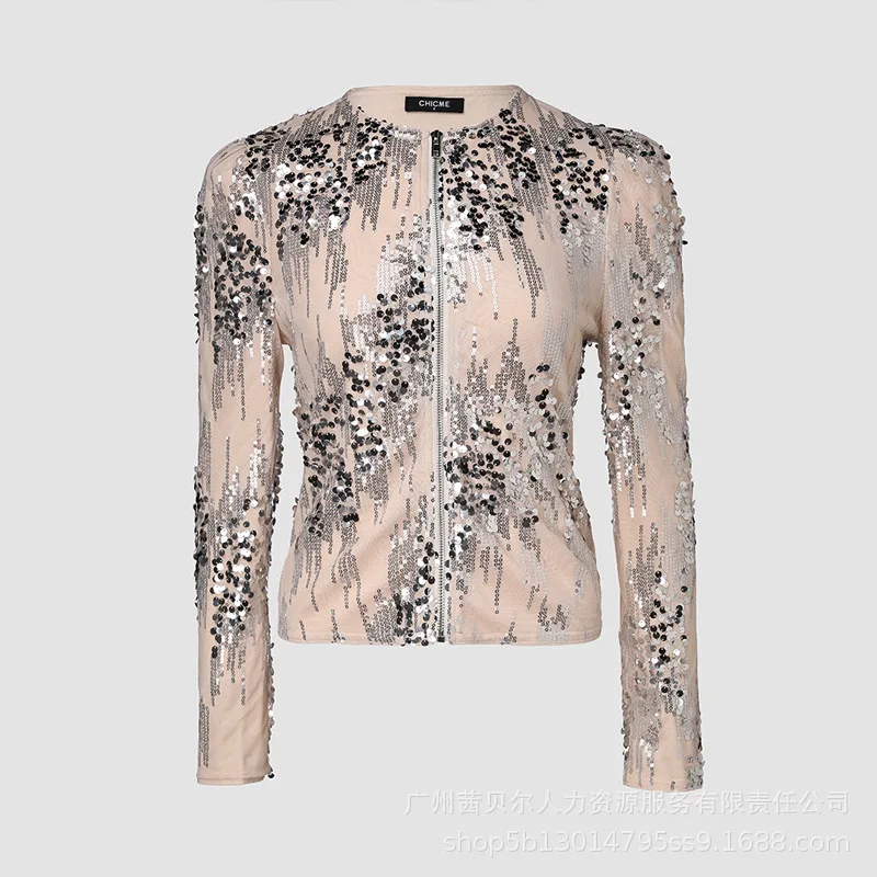 Sparkly Sequin Open Front Puff Sleeve Blazer Coat Women\'s Sequin Jacket Solid Color Fashion