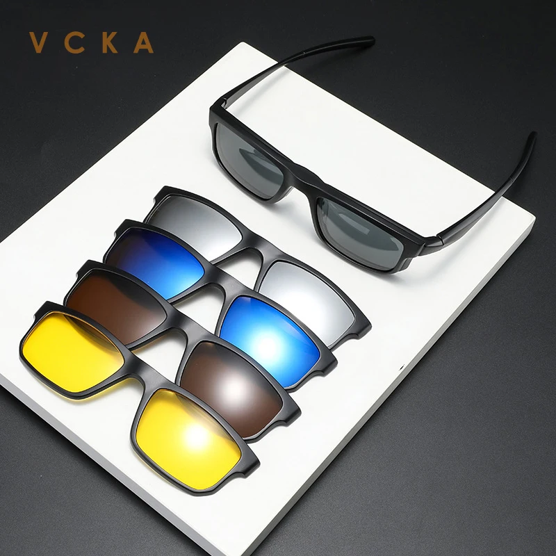 VCKA Magnet Clip Myopia Sunglasses Glasses Square 6 in 1 Men Women Sport Glasses Custom Prescription Driving Eyewear -1.0~-6.0