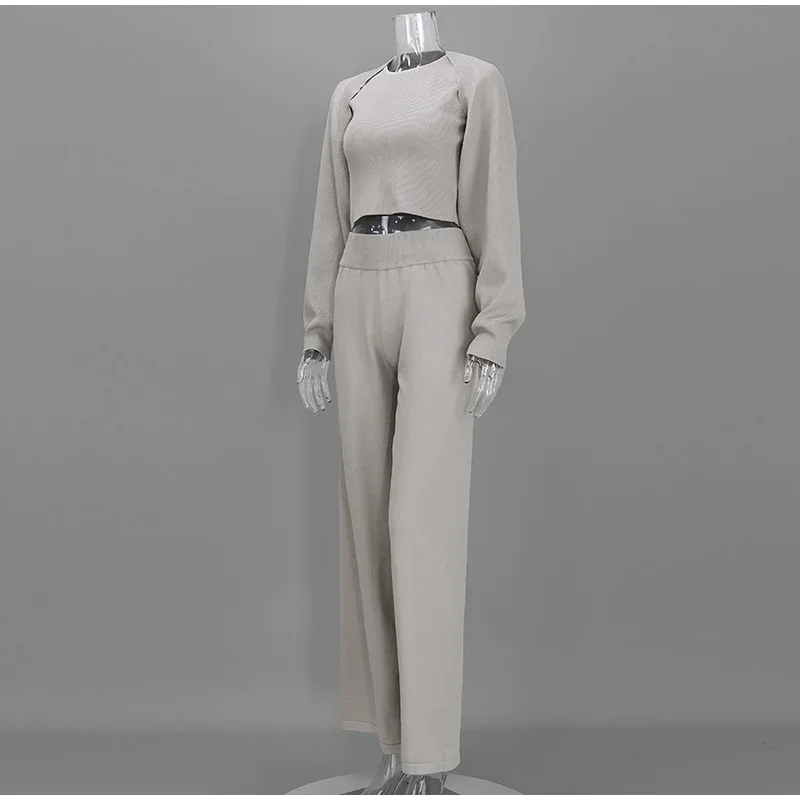 Damen Strick-3-Teiler-Set: O-Ausschnitt, ärmelloses Crop-Top, Langarm-Mantel, weit geschnittene Hose, Herbstmode, neue Strickwaren für Damen – Detail 11