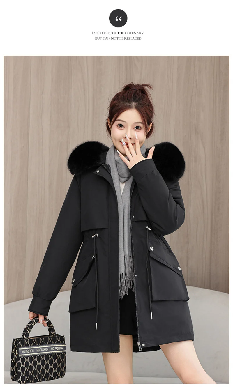 2026 New Winter Coat Down Padded Jacket Women Parkas Fur Collar Thick Hooded Cotton Coats Black Casual Outerwear Female Clothes