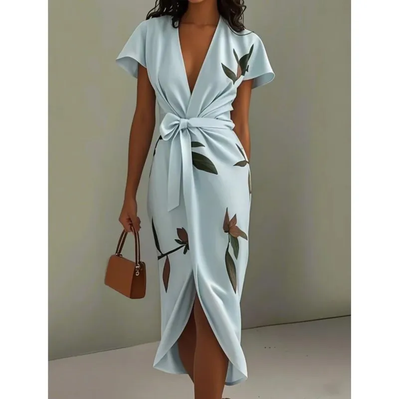 

Fashion Printed Women's Dress 2026 Summer Deep V-neck Short Sleeved High Waisted Lace Up Dresses Ladies Elegance Vacation