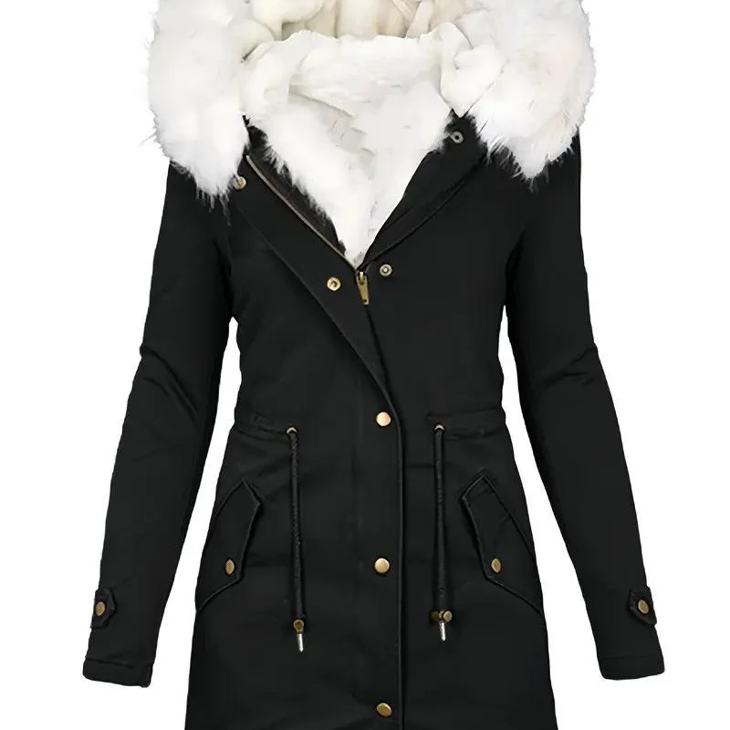Women's Burgundy Faux Fur Lined Parka Coat Warm Winter Hooded Jacket with Drawstring Waist & Zipper Pockets,Mid-Length Windbreak